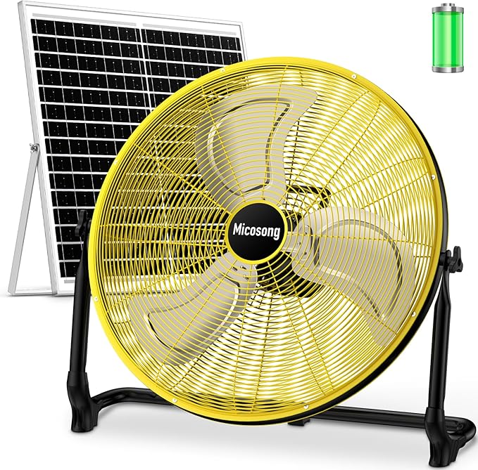 20'' Large Solar Fan, Portable Battery Operated Fan, Wireless Camping Fan Outdoor, Rechargeable Solar Powered Floor Fan, 360° Tilt, USB Output, for Home Gazebo Greenhouse Outside Gym