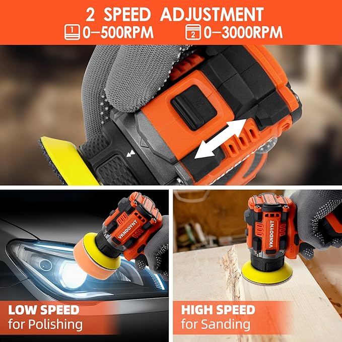 Brushless Cordless Polisher, 2 Variable Speed Mini Buffer Polisher (0-500/0-3000 RPM), 2Pcs 3.0Ah Batteries, 1/2/3" Backing Pads, 52 Accessories, Small Sander for Car Detailing/Buffing/Sanding/Waxing