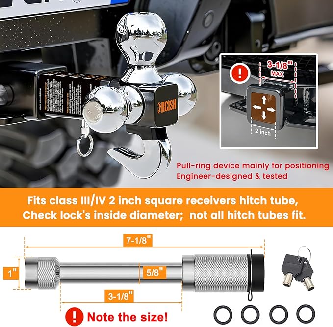 ORCISH 360° Swivel Trailer Hitch, Tri-Ball Mount with Heavy Duty Hook & Anti-Theft Lock, Chrome-Plated Trailer Ball Size 1-7/8", 2" and 2-5/16", Fit 2 Inch Hitch Receiver, Rotating Tow Hitch