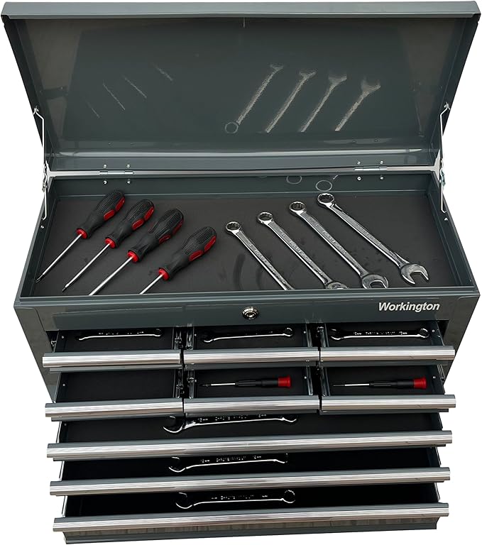 Workington Portable Metal Tool Chest with 9 Drawers, 24" 9-Drawer Tool Chest Cabinet with Ball Bearing Drawer Slides, Steel Tool Storage Box Organizer 4006 Gray