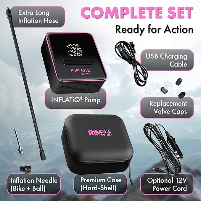 INFLATiQ by RIMiQ Tire Inflator Pink - Powerful, Award-Winning QWIKFLOW Technology with 2 Portable Power Options Included - Strong Vehicle Air Pump for Trucks, Cars, Motorcycles, Bicycles, Balls