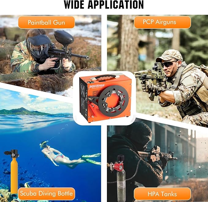PCP Air Compressor, Auto-Stop,Built-in Oil-Water Separator Esiccant, Powered by Car 12V DC or Home 110V AC,4500Psi/30Mpa/300Bar with Cooling Fan System,Paintball Air Compressor Pump