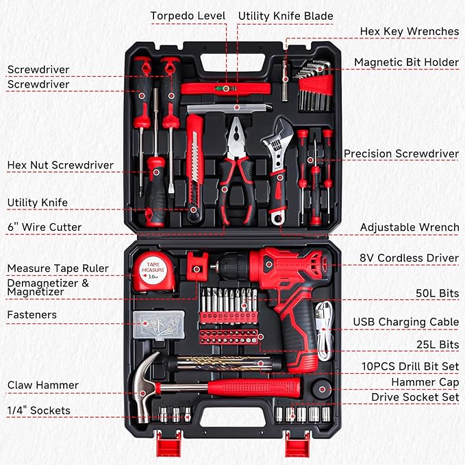 Tool Set - 8V Cordless Drill Set, 132 Piece Home Tool Set With Hand Drill, Tool Kit for Women & Men, Perfect for Homeowner, Diyer, Handyman