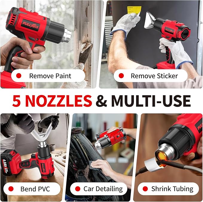 FULLYEA Cordless Heat Gun, Max 550°C (1022°F), Hot Air Gun Kit with 5 Nozzles & 2x4.0Ah Batteries, Fast Heating, 2-Temperature Setting, Portable Heat Gun for Shrink Tubing, PVC Wrap, Crafts (Red)