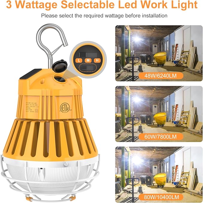 LED Temporary Work Light 80W, 10400LM 5000K Portable Hanging Construction Light with 10ft Cable Plug and Sturdy Hooks Linkable LED Work Light for Job Site Lighting, Workshop, Garage ETL Listed