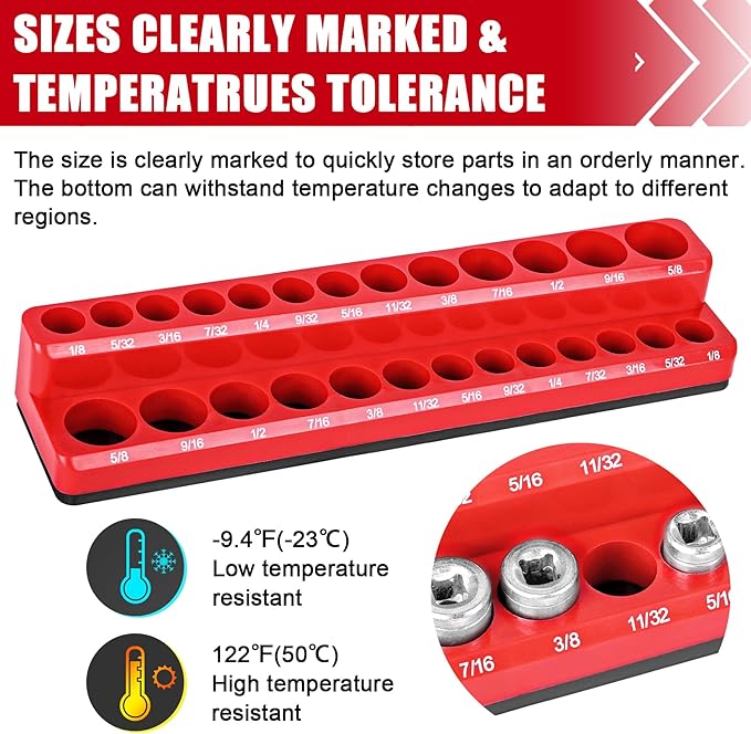 Magnetic Socket Organizer Holder 4-Piece (1/4 In, 3/8 In Drive Metric SAE) Magnet Socket Rail Trays Storage Set Holds 108 Sockets for Tool Box Drawer