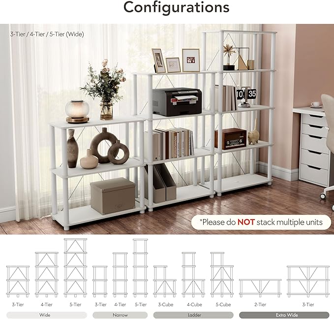 Homes: Inside + Out Apexa Modern 5-Tier Wide Shelving Units, Collectibles Display Shelves, Easy Assembly Standing Shelf, Home Storage Organizer for Living Room, Bedroom, Office, White