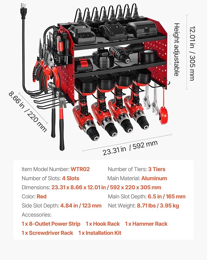 VEVOR Power Tool Organizer with Charging Station, 3-Layer Drill Storage Rack with 4 Drill Holders & Side Pegboard, Garage Tool Organizer Built in 8 Outlet Power Strips for Garage, Workbench, Workshop