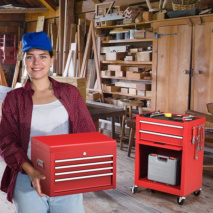ERGOMASTER Rolling Tool Chest Cabinet Big Tool Storage Cabinet on Wheels and Lock System, Toolbox Organizer with Sliding Liner - 6-Drawers & Red