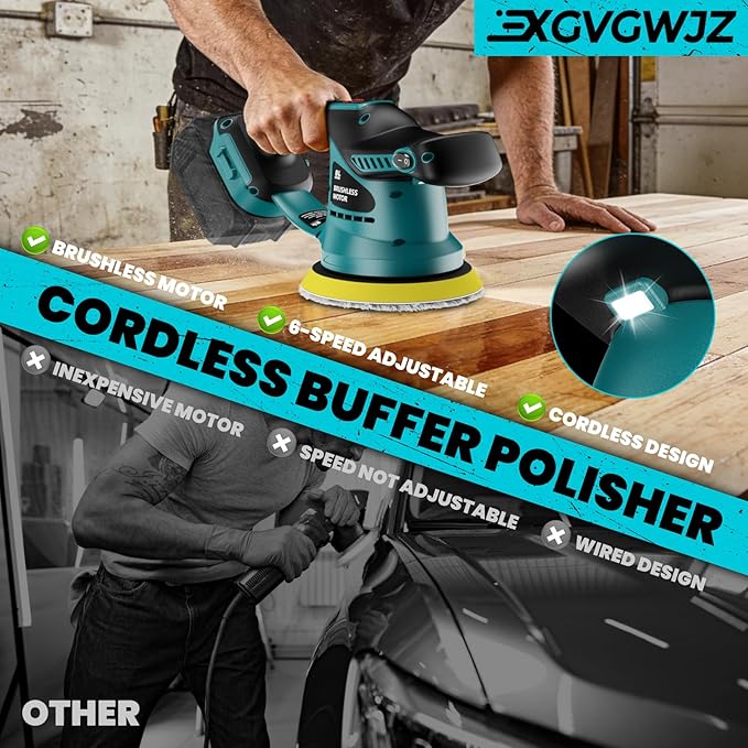 Cordless Buffer Polisher for Makita 18V Battery, 450W Brushless Car Buffer Polisher Waxer with 6 inch disc, 6 Variable Speed Up to 5200 RPM for Waxing Polishing Scratch Removal (Tool only)