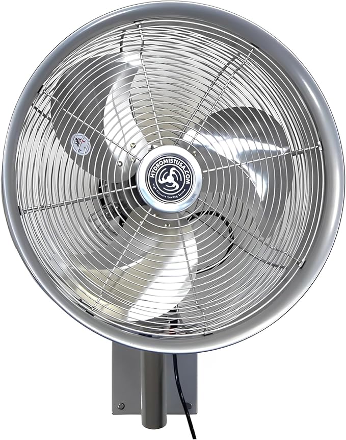 Hydromist Oscillating Wall Mounted Outdoor-Rated Fan, 3-Speed Cord Control, Hard Resin Fan Blade with Mounting Bracket and Black Cover, 18”, Metallic Silver