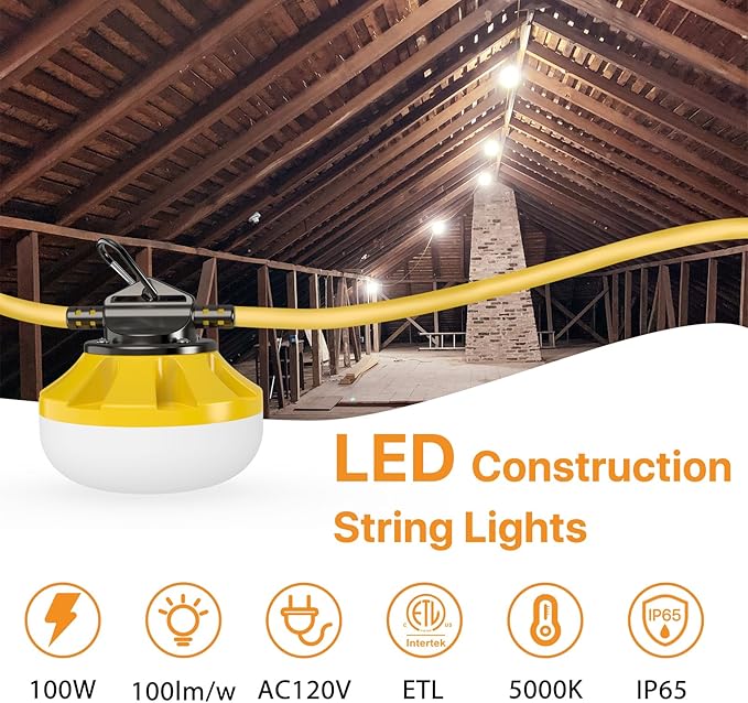 100FT Construction String Lights: 100W Led Construction String Lights with 10 Bulbs & Hooks, IP65 Attic Lighting 5000K Linkable Hanging Work Light for Crawlspace, Basement, Backyard