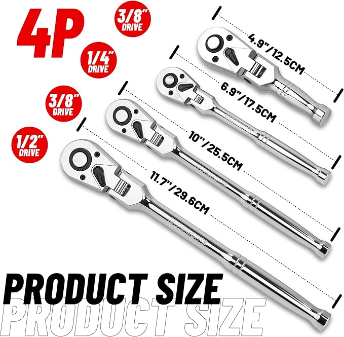 1/2 3/8 1/4 Inch Drive Ratchet Set, 4Pcs Flex Head Ratchet Set, 72 Tooth Quick Release Flexible Swivel Head Socket Ratchet Wrench Set