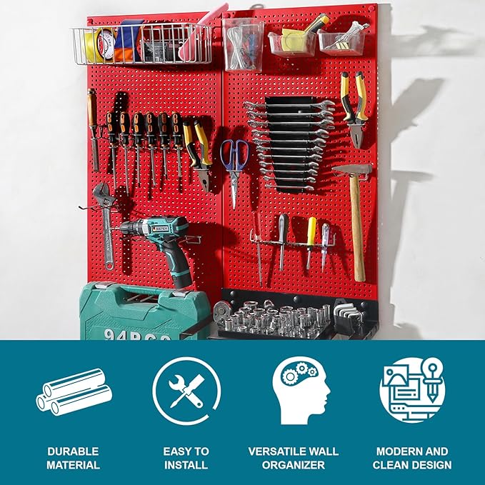 Metal Pegboard for Garage Storage,Steel Pegboard Heavy Duty 16-Inch X 32-Inch Metal Peg Board Tool Organization Panels (Red, 2 Pack)