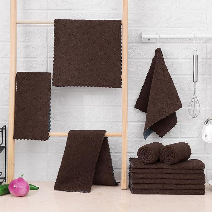 Mordimy 24 Pack Kitchen Towels (20" x 10", Dark Grey & Brown), Super Soft and Absorbent Dish Towels, Coral Velvet Microfiber Cleaning Cloth, Nonstick Oil Fast Dry Dish Cloths