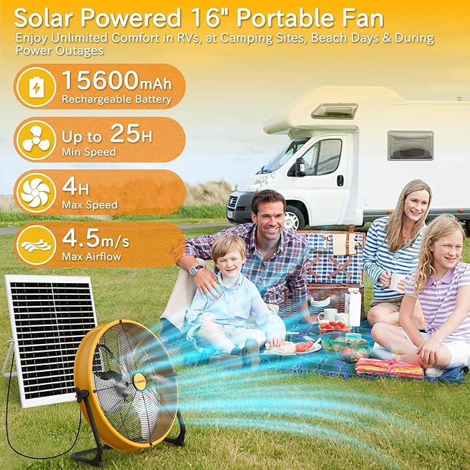 T-SUNUS 16" Solar Powered Floor Fan with 25W Panel & 15600mAh Battery, 2500 CFM Strong Airflow, 4-25H Runtime, USB Phone Charging, 360° Tilt, Quiet for Camping, Patio, Garage, Shed, Tent, RV, Outdoor