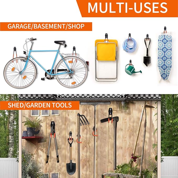 14 Pack Heavy Duty Garage Hooks with 2 Extension Straps, Triple Welded Wall Mount Utility Hangers, 100 Lbs Capacity Steel Tool Organizer for Garage Makeover, Garden, Shed, Hose