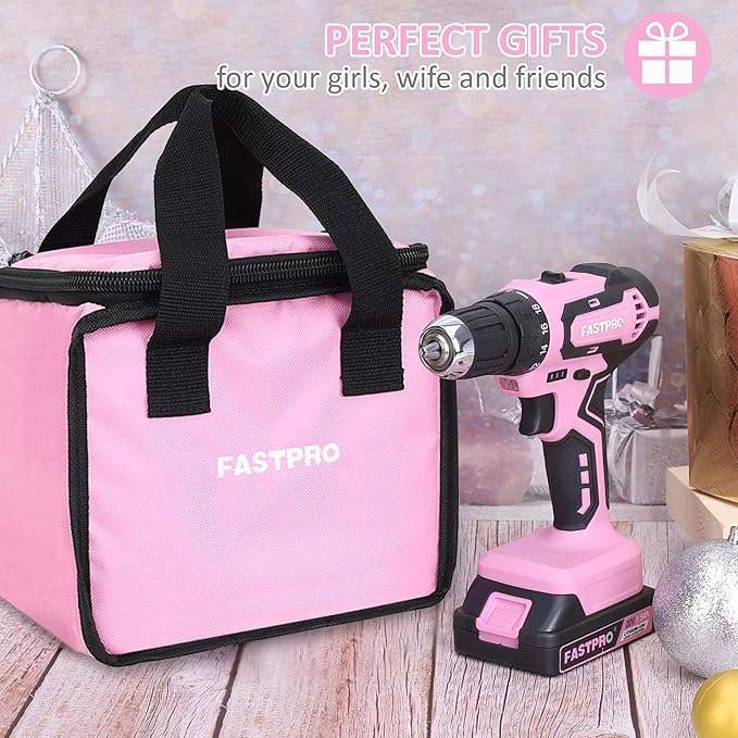 FASTPRO 20V Pink Drill Set, 3/8 in. Cordless Drill Driver Kit with 1.5 Ah Lithium-ion Battery, Charger and Tool Bag