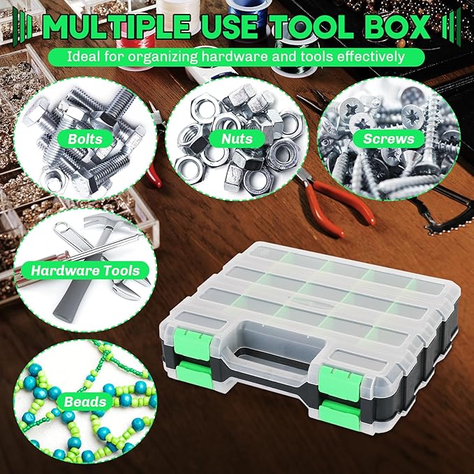 Small Parts Organizer | Storage Case Tools Box 34-Compartments Double Side Organizer Box with Removable Dividers for Small Hardware, Screws, Bolts, Nuts, Nails, Beads (Green)