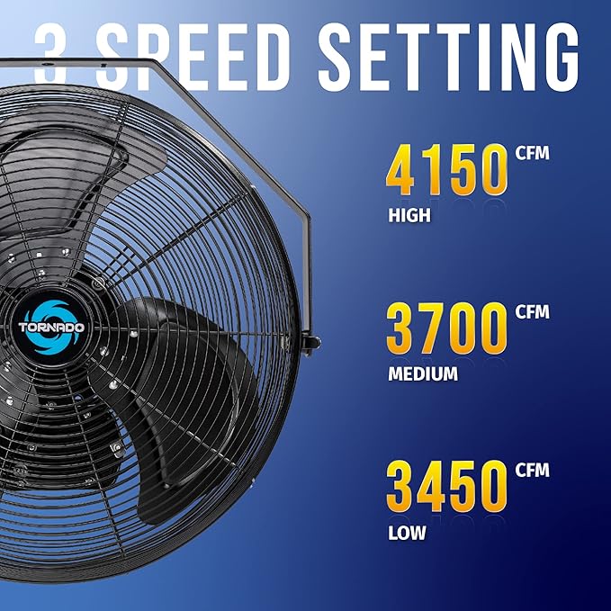 Tornado 18 Inch Outdoor IPX4 Water-Resistant High Velocity Metal Industrial Wall Mount Fan For Commercial, Industrial, Residential, Greenhouse Use 3 Speed 1/6 HP 6.6 FT Cord UL Safety Listed