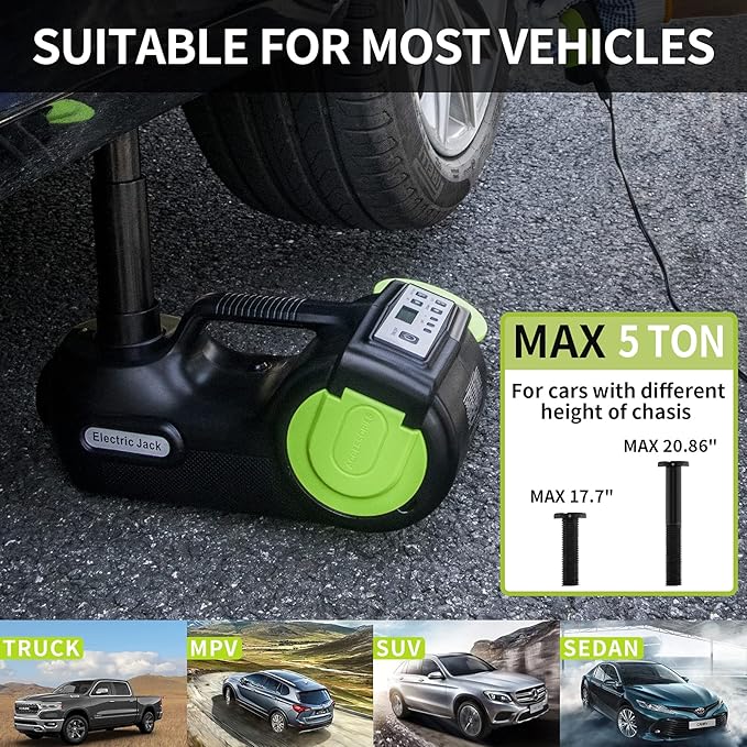 ActDoer Electric Car Jack Kit 5Ton 12V Hydraulic (Lifting Range: 6.1-20.86 inch) with Impact Wrench & Inflator for SUV, MPV with LCD & Tire Pressure Display