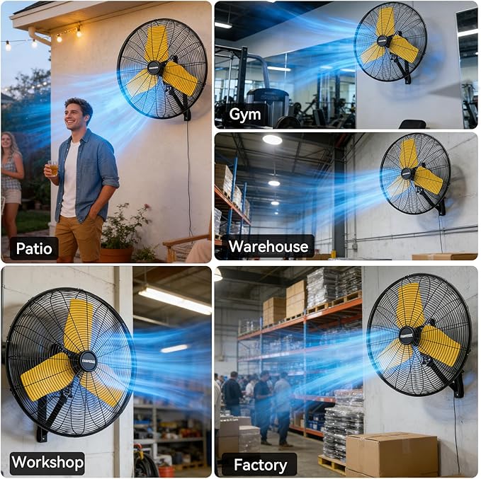 24 Inch Outdoor Waterproof Wall Mount Fan, 9500 CFM Heavy Duty Oscillating Commercial Metal Fan with Totally Enclosed Motor & GFCI Plug for Patio, Barn & Garage (UL Listed)