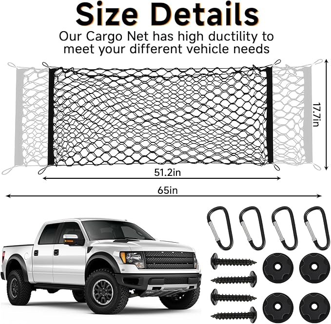 Truck Bed Cargo Net Trunk Netting Fit for All Pickup Trucks, SUV,Cars & Trailers,(51.2"x17.8" to 65"x17.8") Double Thick Heavy Duty Pickup Truck Bed Organizer-5mm Bungee,4 Metal Hooks