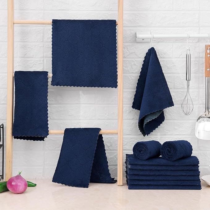 Mordimy 12 Pack Kitchen Towels (20" x 10", Dark Grey & Navy Blue), Super Soft and Absorbent Dish Towels, Coral Velvet Microfiber Cleaning Cloth, Nonstick Oil Fast Dry Dish Cloths