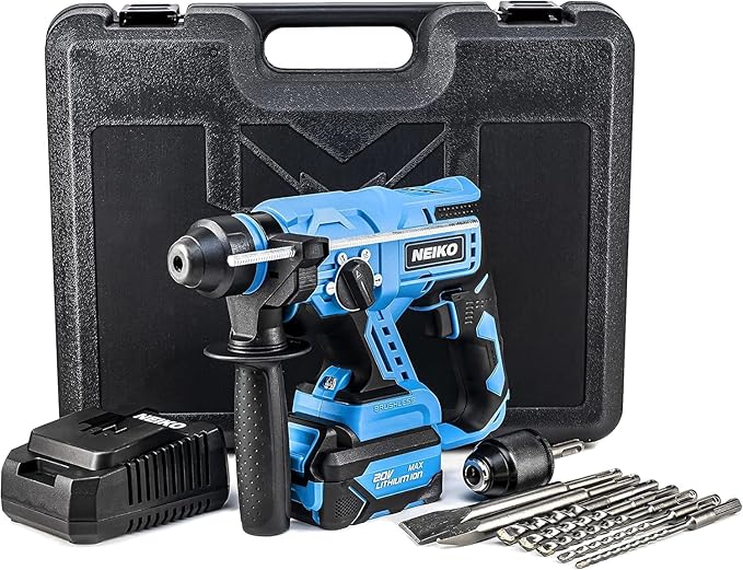 NEIKO 10882A Cordless Rotary Hammer Drill, Includes 20-Volt Li-ion Rechargeable Battery, Fast Charger, SDS Plus Hammer Drill, Heavy Duty Brushless Demolition Hammer, Cordless Hammer Drill, Rotohammer