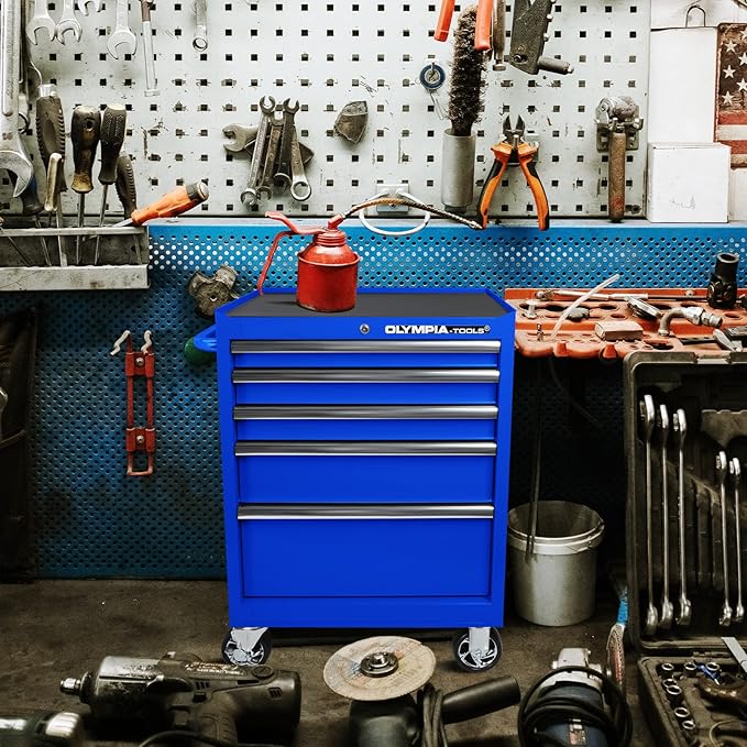 Olympia Tools 5-Drawer Tool Chest, 27-Inch Rolling Metal Tool Storage Cabinet with Casters, Locking System, Drawer Liner, 600 lbs Load Capacity, Blue