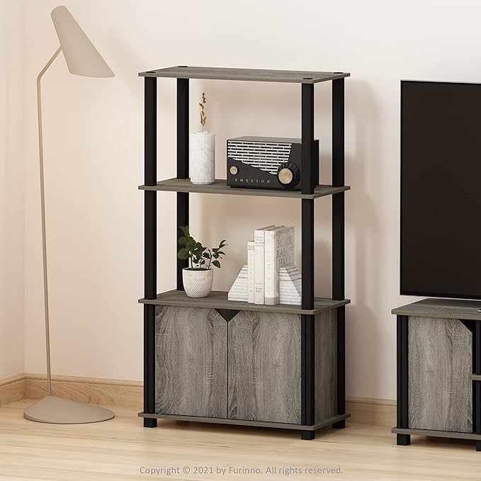Furinno Brahms 4-Tier Multipurpose Bookcase/Bookshelf/Display Shelf/Display Rack with Door, French Oak Grey/Black