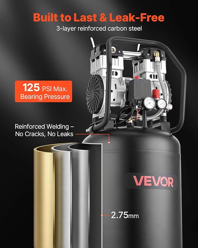 VEVOR 20-Gallon Air Compressor, 2HP 4.5 SCFM at 90PSI, Max 125PSI Pressure Oil-Free Air Compressor Tank, Portable on Wheels for Auto Repair, Tire Inflation, Spray Painting, Woodwork Nailing, 120V