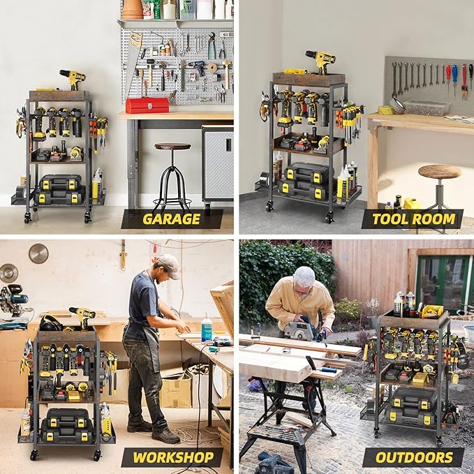 Olakee Power Tool Organizer Garage Storage Organization Shelving Tool Holder Drill Rack Shelf Rolling Cart Open Tool Chest Cabinet Box Organizer with Wheels Workshop Garage Gift Ideas for Men Dad