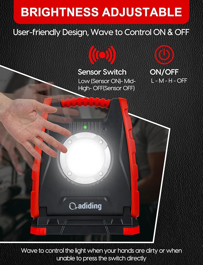 Adiding 4400mAh Rechargeable LED Work Light, Portable Flood Light Underhood Work Light with Sensor & 360° Rotation Magnetic Base, Battery Powered Mechanic Light for Repairing/Inspection/Garage/Camping
