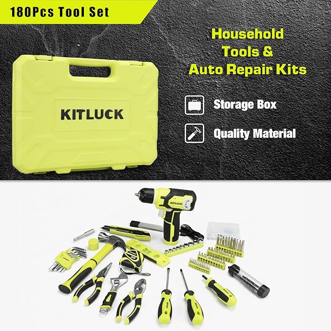 KITLUCK Power Drill Set, 180Pcs Home Hand Tool Kit with 8V Drill, Portable Tool box Kit with Screwdriver, Plier, Wrench, Socket, Harmer, Household Cordless Drill Set for Men Women Home