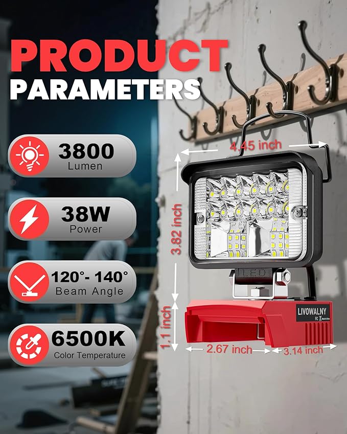 LIVOWALNY LED Work Light Compatible with Milwaukee Battery, 38W 3000 LM Portable Flood Light with Low Voltage Protection, USB & Type-C Output Port for Construction, Camping, Emergency, Bare Tool Only