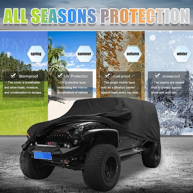 X AUTOHAUX Car Cover for Jeep Wrangler JK JL YJ TJ 4 Door 2007-2021 Outdoor Waterproof Sun Rain Dust Wind Snow Protection w/Driver Door Zipper Black