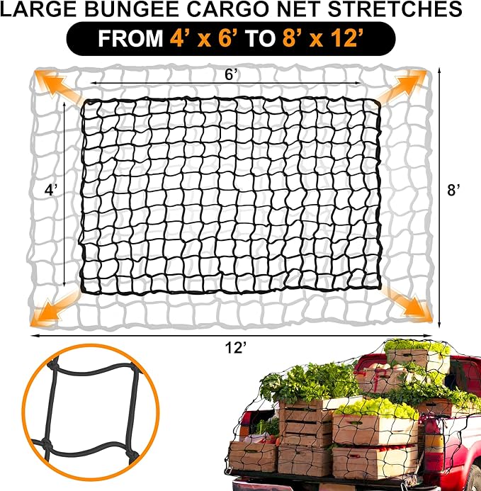 Seven Sparta 4' x 6' Large Cargo Net for Pickup Truck Bed Stretches to 8' x 12' for Truck Bed, Trailer, Trunk, SUV with 12 Bonus D Clip Carabiners Cargo Net for Large Loads (Black, 4'x6')