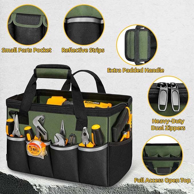 NECKORY Tool Bag, Portable Tool Box Organizer Adjustable Shoulder Strap, Carry Tool Tote Heavy Duty Tool Storage Bag With Wide Mouth,Tool Bags for Men Mechanic EngineerGift - M, Army Green & Black