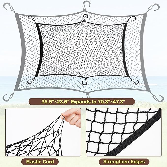 Kaskawise Elastic Mesh Cargo Net for Folding Wagon, Heavy Duty Stretch Storage Cover with 6 Hooks for Beach Cart, Garden Utility Trolley Accessories, 35.5 x 23.6 Inch Black