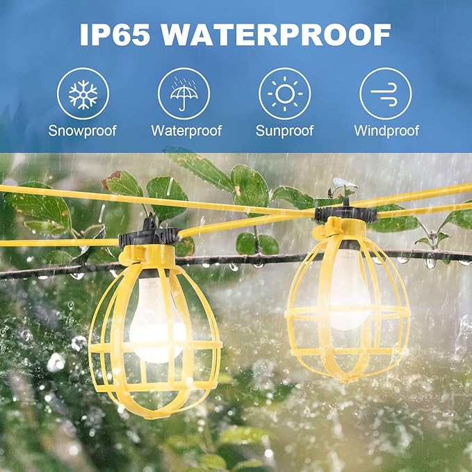100FT Construction String Lights with Outdoor Extension Cord Safety Cover, 100W 11 Bulbs Work Lights, IP65 Waterproof, 8000LM 6500K Temporary Lighting for Workshop, Mine cave, Job Site