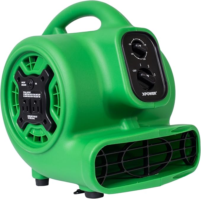 XPOWER P-230AT Mini Mighty 1/4 HP 925 CFM Centrifugal Air Mover, Carpet Dryer, Floor Fan, Blower, Stackable, Daisy Chain, for Water Damage Restoration, Janitorial, Plumbing, Home Use, Green