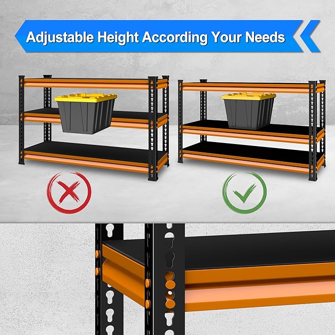 48" W Garage Shelving Heavy Duty, 1500LBS Loads Adjustable Garage Storage Shelves, 3-Tier Metal Shelving Units and Storage Racks, Industrial Utility Shelf,48" Wx18 Dx39 H, Orange