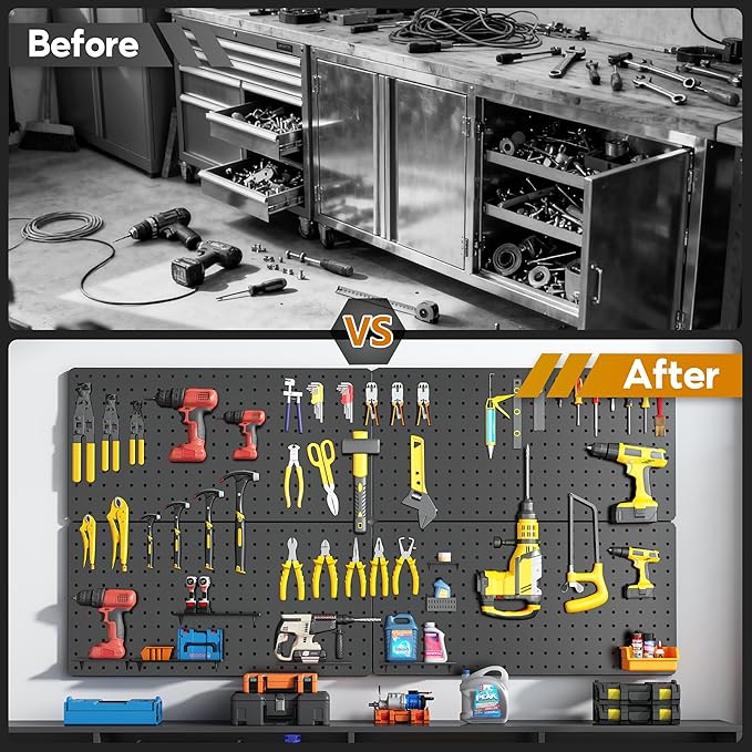 Peg Board, 84pcs Metal Pegboard Kit, Includes 4 Pack 24''X12'' Large Black Peg Board with Accessories and Hook Locks, Heavy Duty Peg Boards for Walls Home, Garage Tool Storage, Workbench