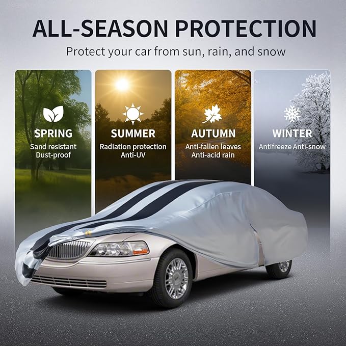 Multi-Layer Car Cover Custom Fit for Lincoln Town(1998-2011), 100% Waterproof All Weather for Automobiles, Gift with Towel, Heavy Duty Car Covers for Rain Sun UV Protection with Door Zipper.