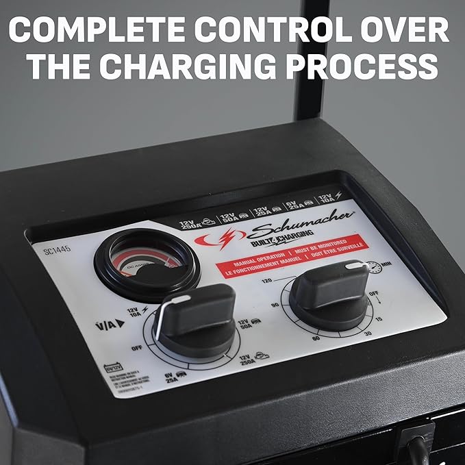 Schumacher Electric Wheeled Manual 10A Car Battery Charger and 250A Engine Starter, 2-in-1 Solution, 50A Boost, for 6V/12V Power Sport, Automotive, and Marine Batteries, SC1445