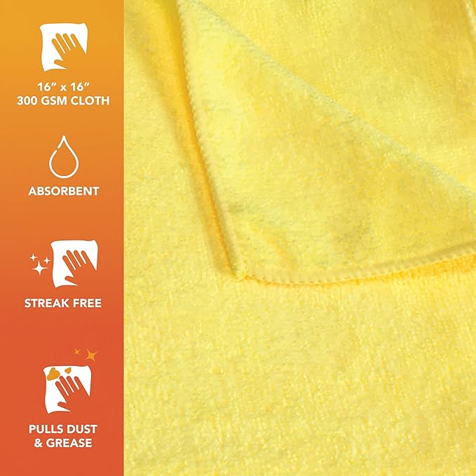 Arkwright Microfiber Cleaning Cloths - (Pack of 12) Large Lint & Streak-Free Drying Wash Towels, 300 GSM Super Absorbent & Quick Dry, Perfect Cleaner for Car, Glass, and Window, 16 x 16 in, Yellow