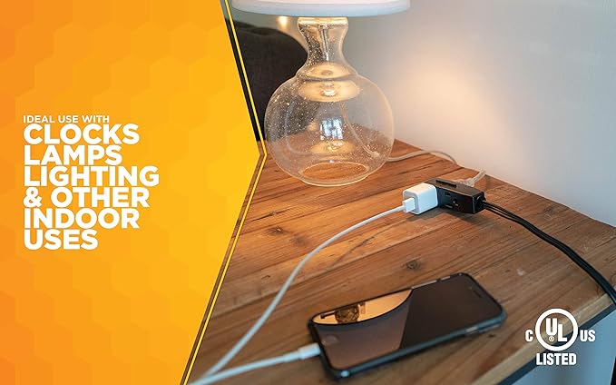 Woods Light Duty Extension Cord, 8Ft, 16 Gauge, 3 Conductor, 3 Outlets, Indoor Extension Cord, Black, 2611