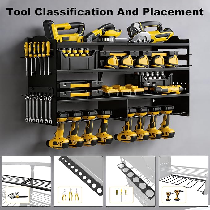 oviitech Large Power Tool Organizer Wall Mount, 8 Drill Holder Wall Mount Loads 400lbs, 4 Layer Heavy Duty Metal Power Tool Storage, Black, Utility Rack for Garage Workshop, Gifts for Men