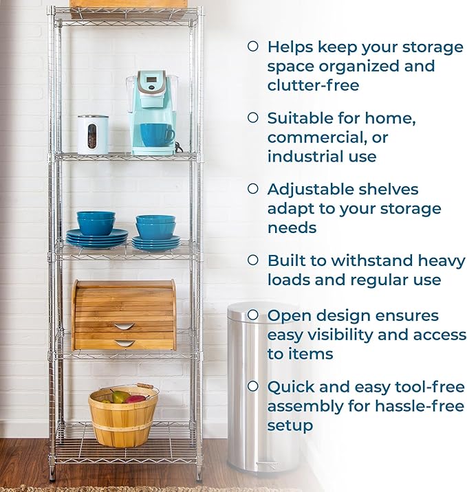 Honey-Can-Do 5-Tier Heavy-Duty Adjustable Shelves, Metal Storage Rack with 250-lb Shelf Capacity, Chrome, 18" W x 24" L x 72" H